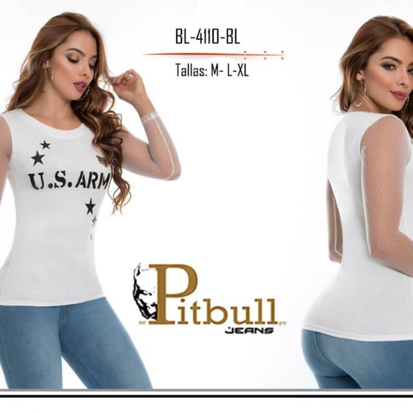 👚Women's PitBull Blouse Top BL-4110 Wht L XL - Picture 1 of 7